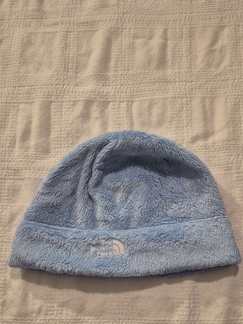North Face women's, men's or big kids one size fleece beanie lt blue VGUC